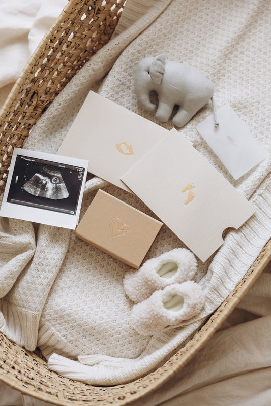 Congratulations Pregnancy Gift Set - Hospital Bracelet Keepsake Box, Ultrasound Envelope, Footprint Set, First Curl Envelope and Greeting Card